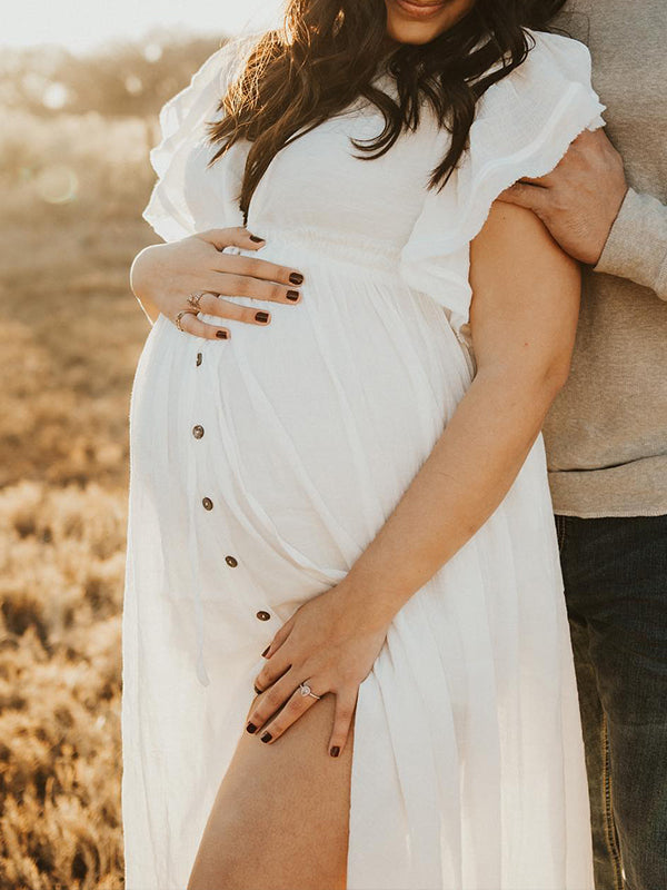fotobeyou White Deep V-neck Button Down Boho Plus Photoshoot Maternity Maxi Dress