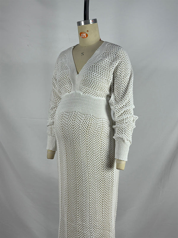 fotobeyou White Crochet Knit Hollow Out Deep V-neck Lantern Sleeve Bodycon Elegant Going Out Maternity Sweater Maxi Dress