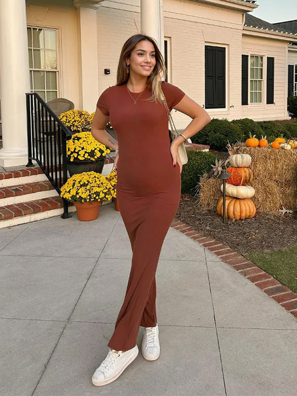 fotobeyou Brown Solid Color Short Sleeve Bodycon Daily Casual Baby Shower Maternity Maxi Dress
