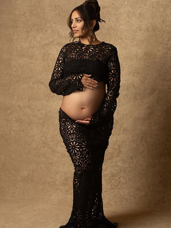 fotobeyou Black Lace Skeleton Two Piece Bodycon Beach Vacation Baby Shower Maternity Photoshoot Suits