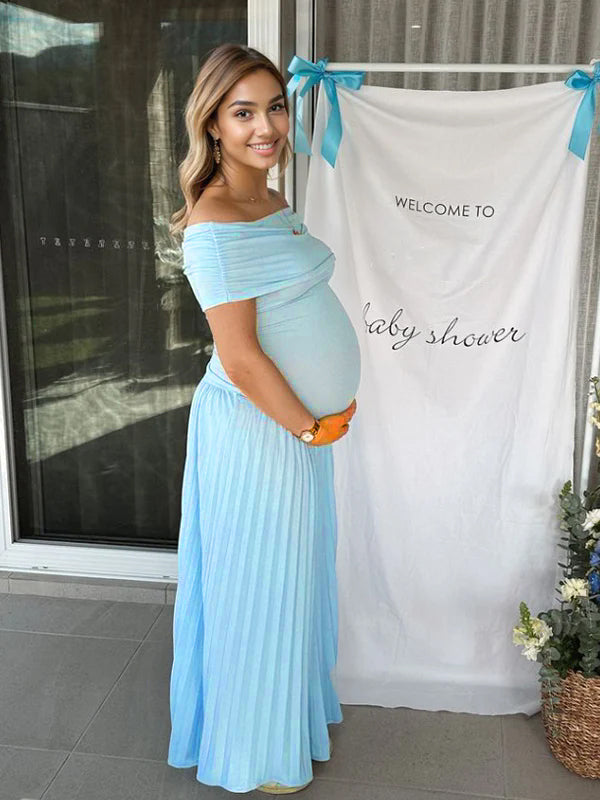 fotobeyou Solid Color Ruched Pleated Off Shoulder Big Swing Elegant Cocktail Party Maternity Photoshoot Baby Shower Maxi Dress