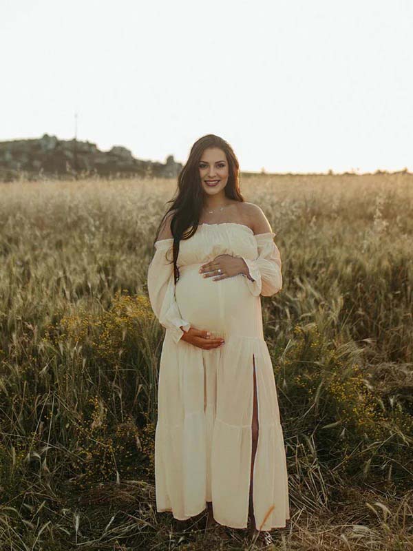 fotobeyou Flowy Off Shoulder Ruffle Falbala Side Slit Big Swing Lantern Sleeve Elegant Holiday Vacation Boho Maternity Photoshoot Baby Shower Maxi Dress