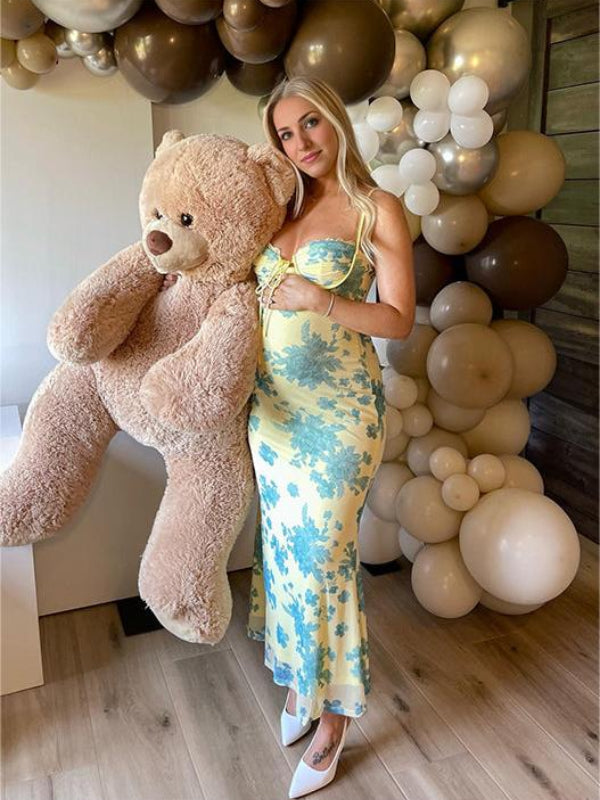 Yellow Flowers Sweetheart Neckline Cute  Maternity Maxi Dress