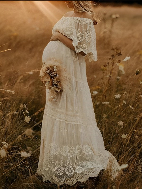 White Off Shoulder Lace Tiered Boat Neck Flowy Elegant Maternity Photoshoot Dress