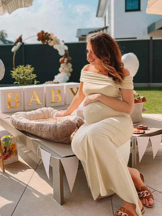 fotobeyou Beige Off Shoulder Ruched Back Slit Bodycon Elegant Baby Shower Maternity Maxi Dress