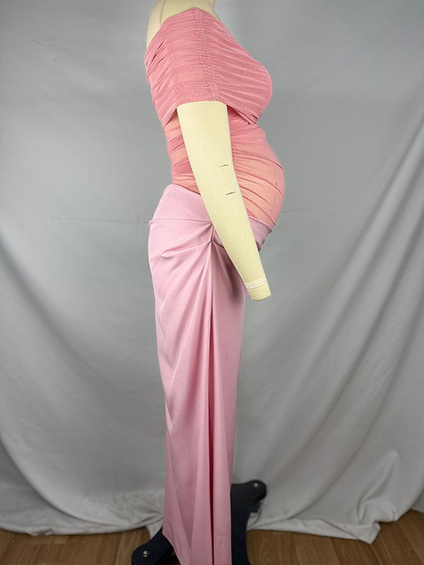 fotobeyou Mesh Patchwork Off Shoulder Ruched Cut Out Bodycon Elegant Cocktail Party Maternity Baby Shower Maxi Dress