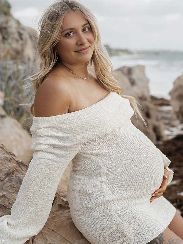 fotobeyou White Solid Color Off Shoulder Knit Bodycon Beach Vacation Photoshoot Baby Shower Maternity Maxi Dres