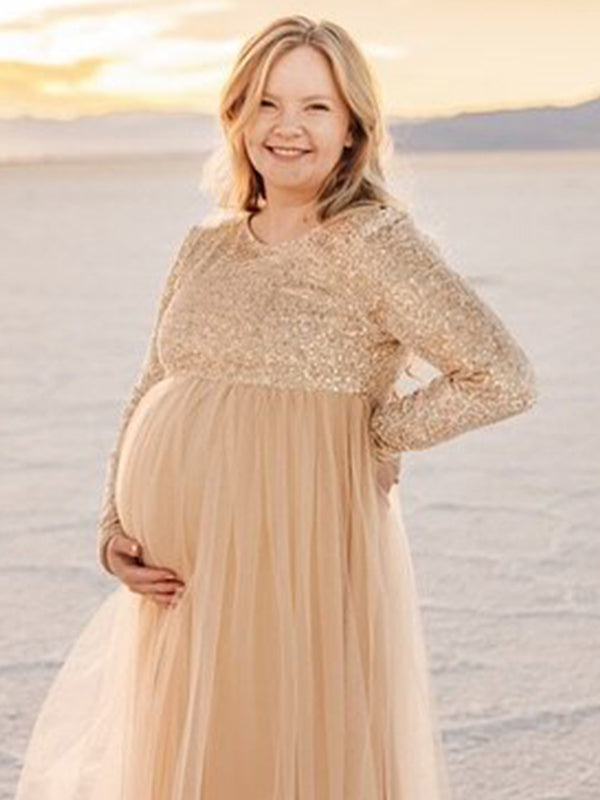fotobeyou Sequin Tulle Splicing Long Sleeve Maternity Gender Reveal Maxi Dress