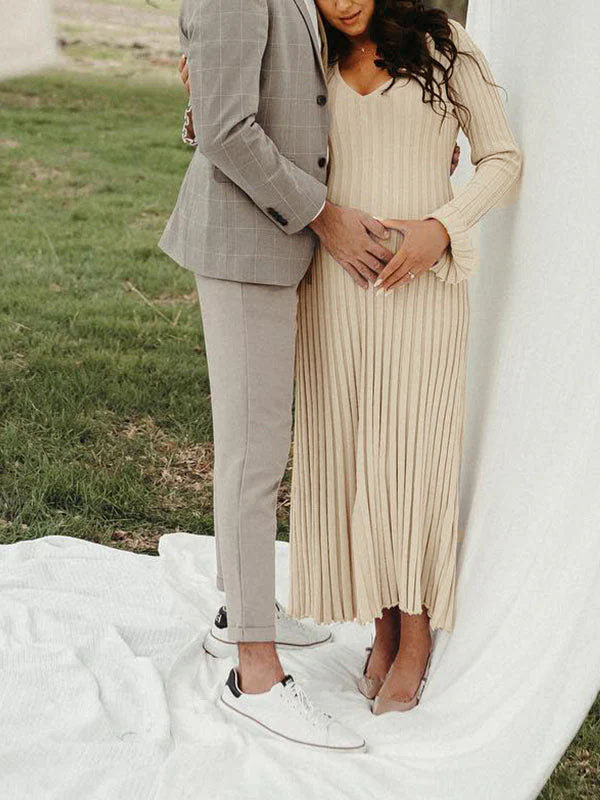 fotobeyou Knit Pleated Big Swing V-neck Plus Size Sweater Elegant Going Out Maternity Photoshoot Baby Shower Maxi Dress