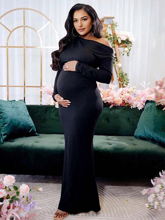 fotobeyou Solid Color One Shoulder Ruched Backless Bodycon Mermaid Evening Cocktail Party Gown Babyshower Maternity Maxi Dress