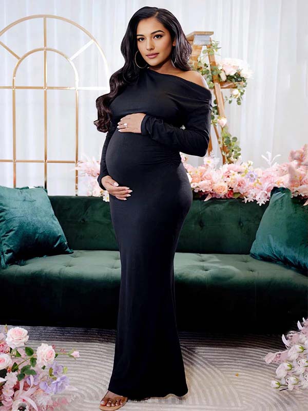 fotobeyou Solid Color One Shoulder Ruched Backless Bodycon Mermaid Evening Cocktail Party Gown Babyshower Maternity Maxi Dress