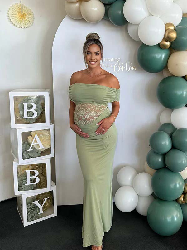 Green Off Shoulder Lace Sheer Splicing Ruched Baby Shower Maternity Maxi Dress