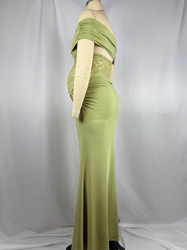 Green Off Shoulder Lace Sheer Splicing Ruched Baby Shower Maternity Maxi Dress