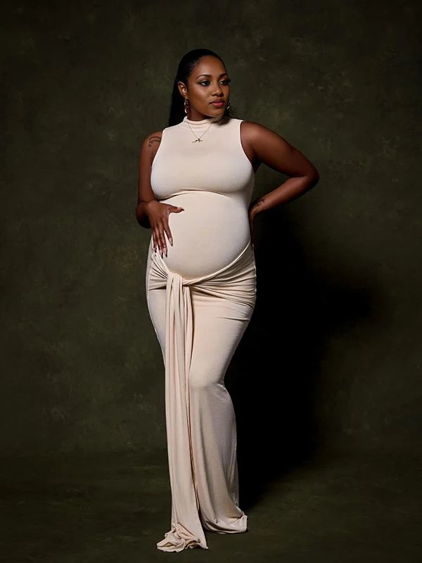 fotobeyou Beige Ruched Wrap Draped High Neck Sleeveless Bodycon Chic Going Out Maternity Photoshoot Baby Shower Maxi Dress