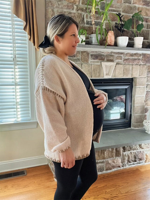 fotobeyou Lines Hit Color Lantern Sleeve Fashion Daily Photoshoot Maternity Sweater Cardigan
