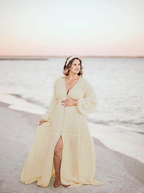 fotobeyou Ivory White Single Breasted Open Front Big Swing Deep V-neck Robe Elegant Wedding Gown Maternity Boho Photoshoot Baby Shower Maxi Dress