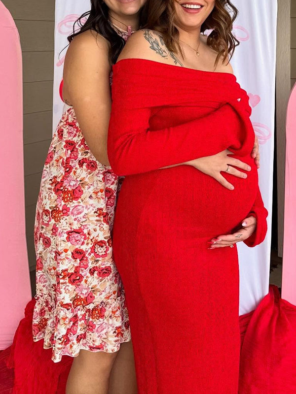 Fotobeyou Red Off Shoulder Open Back Bodycon Maternity Baby Shower Maxi Dress