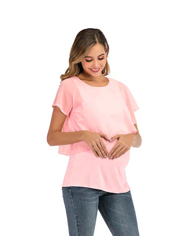 fotobeyou Solid Color Chiffon Ruffle Falbala Round Neck Short Sleeve Breastfeeding T-shirt Basic Going Out Daily Maternity Nursing Top
