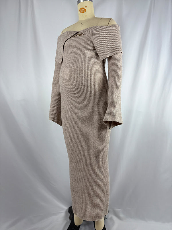 fotobeyou Off Shoulder Fluffy Knit Bardot Neckline Flare Sleeve Bodycon Elegant Going Out Party Maternity Photoshoot Baby Shower Maxi Sweater Dress