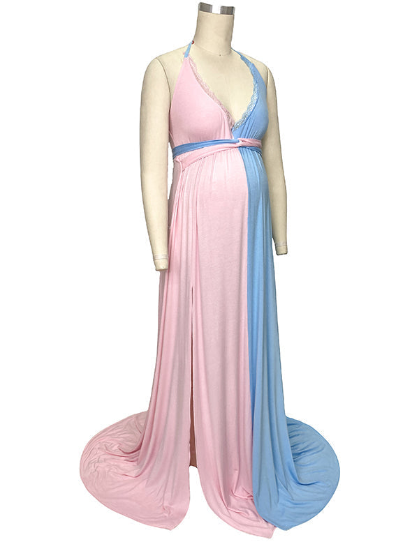 fotobeyou Pink&Blue Lace Backless Side Slit Gender Reveal Cute Maternity Maxi Dress