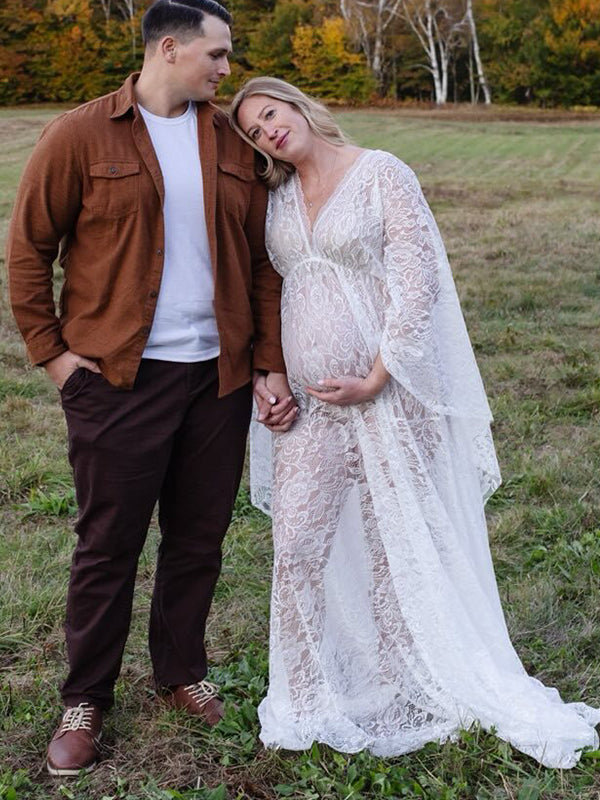 fotobeyou Floral Lace Backless Boho Baby Shower Flare Sleeve Pregnant Maternity Photoshoot Maxi Dress