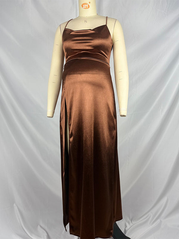 fotobeyou Dark Coffee Slit Spaghetti Straps Backless Elegant Maternity Photoshoot Maxi Dress