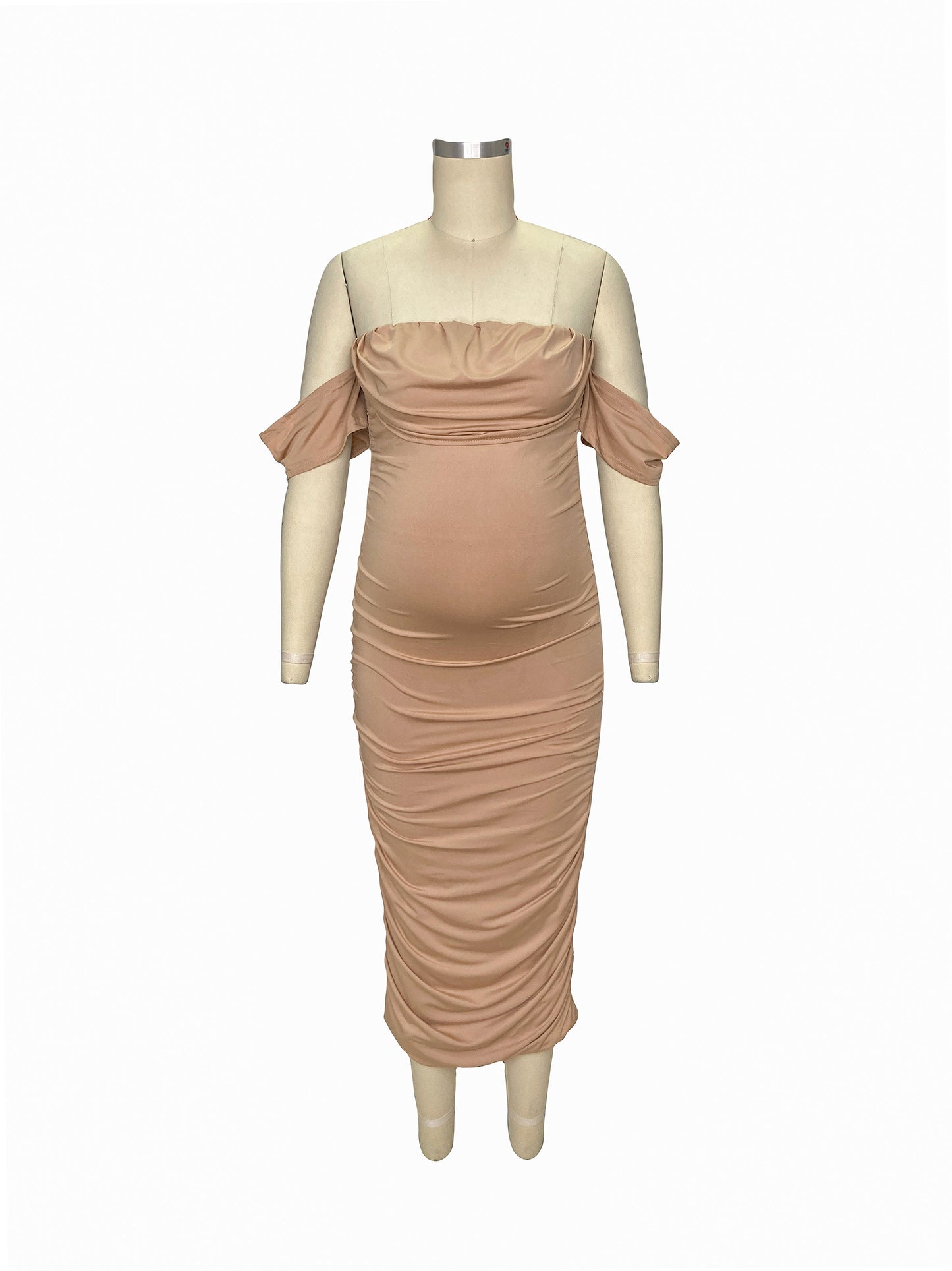 fotobeyou Khaki Ruched Off Shoulder Belly Friendly Baby Shower Club Party Tube Bodycon Maternity Midi Dress