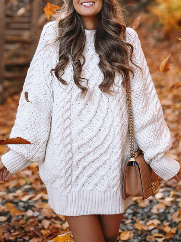 fotobeyou White Oversized Cable Knitting Streetwear Mini Maternity Pullover Sweater