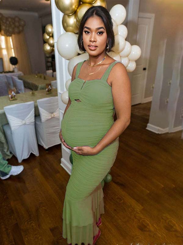 fotobeyou Condole Belt Ruched Bodycon Cut Out Mermaid Sleeveless Babyshower Maternity Maxi Dress