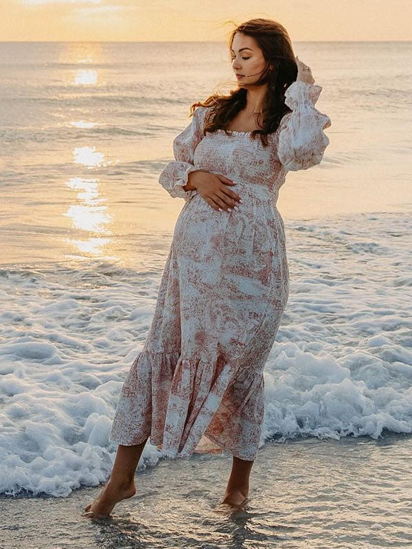 fotobeyou Ruffle Ruched High Waist Puff Sleeve Cute Photoshoot Maternity Maxi Dress