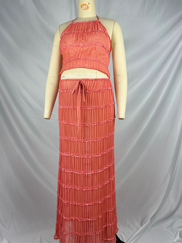 fotobeyou Lotus Pink 2-in-1 Smocked Halter Neck Backless Vacation Boho Photoshoot Baby Shower Maternity Maxi Dress