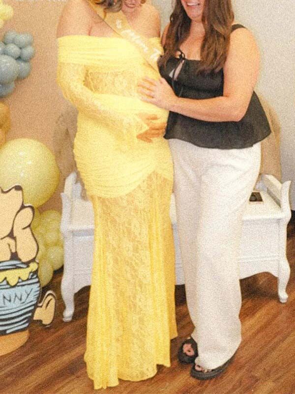 fotobeyou Off Shoulder Lace Ruched Mermaid Baby Shower Maternity Maxi Dress
