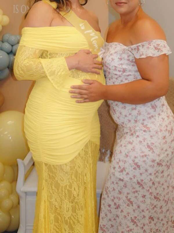 fotobeyou Off Shoulder Lace Ruched Mermaid Baby Shower Maternity Maxi Dress