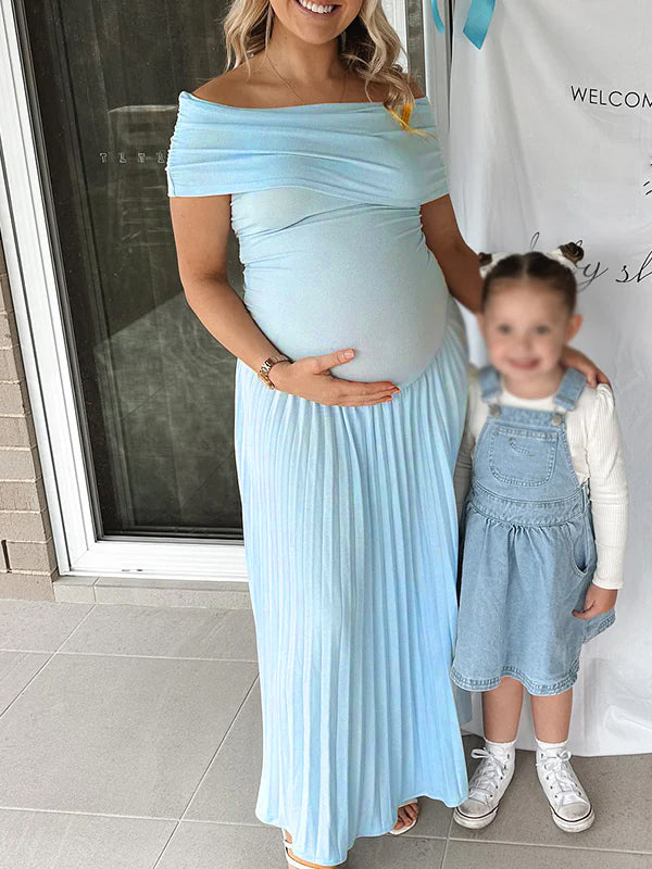 fotobeyou Solid Color Ruched Pleated Off Shoulder Big Swing Elegant Cocktail Party Maternity Photoshoot Baby Shower Maxi Dress