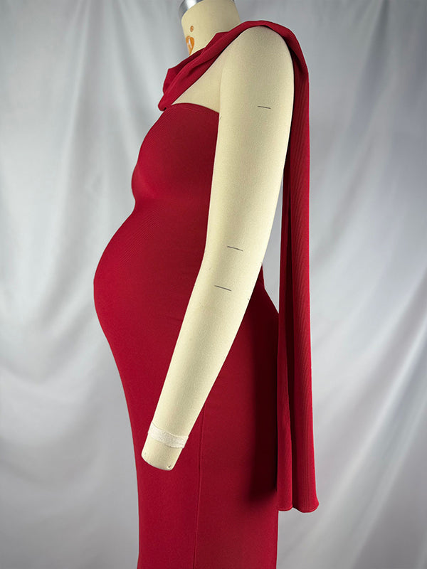 fotobeyou Red Strapless Scarf Mermaid Elegant Maternity Photoshoot Maxi Dress