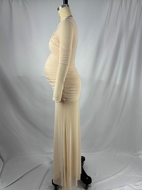 Beige Mesh Ruched Sheer Elegant Maternity Photoshoot Maxi Dress