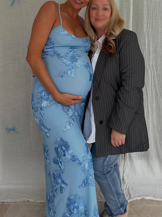 fotobeyou Blue Floral Tie Shoulder Strap Cami Bodycon Maternity Maxi Dress