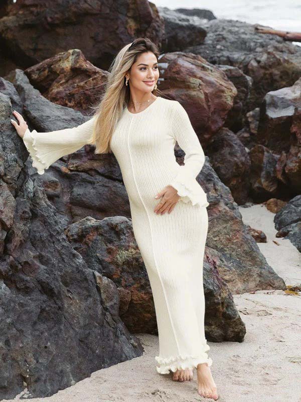 fotobeyou White Knit Pleated Tie Back Ruffle Falbala Frill Hem Backless Big Swing Elegant Cocktail Party Gown Maternity Photoshoot Baby Shower Maxi Dress