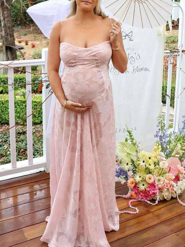 fotobeyou Pink Spaghetti Strap Backless Sheer Big Swing Chic Maternity Maxi Dress