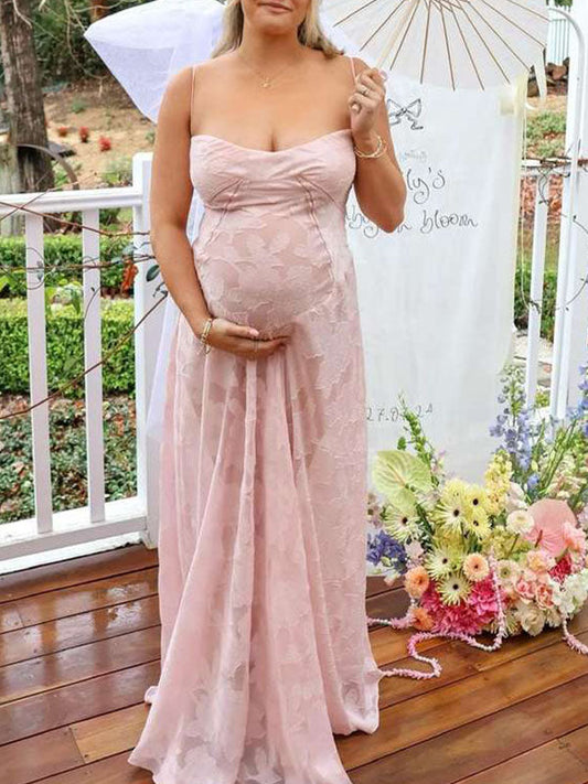 fotobeyou Pink Spaghetti Strap Backless Sheer Big Swing Chic Maternity Maxi Dress