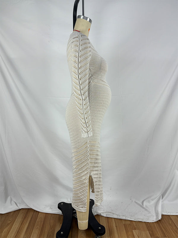 fotobeyou Grey White Striped Cut Out Sheer Bodycon Elegant Photoshoot Baby Shower Maternity Maxi Dress