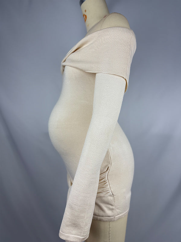 fotobeyou Ivory White Off Shoulder Draped Wrap Flare Sleeve Bodycon Elegant Going Out Daily Maternity Photoshoot Baby Shower Mini Dress