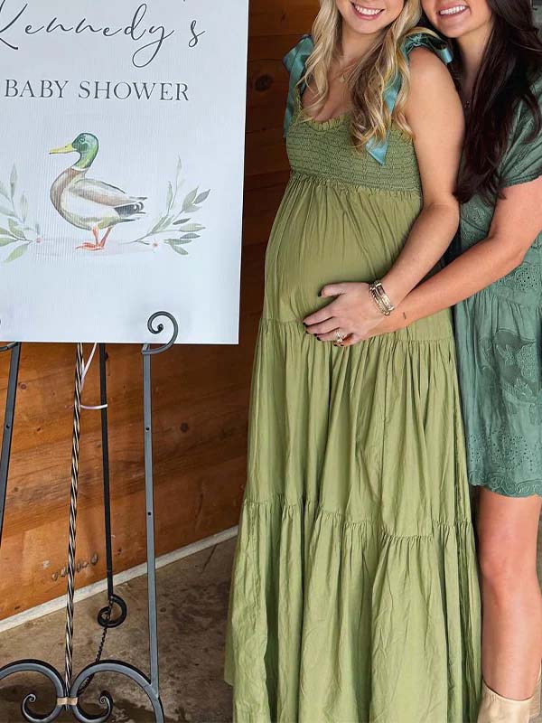 Matcha Smocked Ruffle Tie Flowy Baby Shower Maternity Maxi Dress