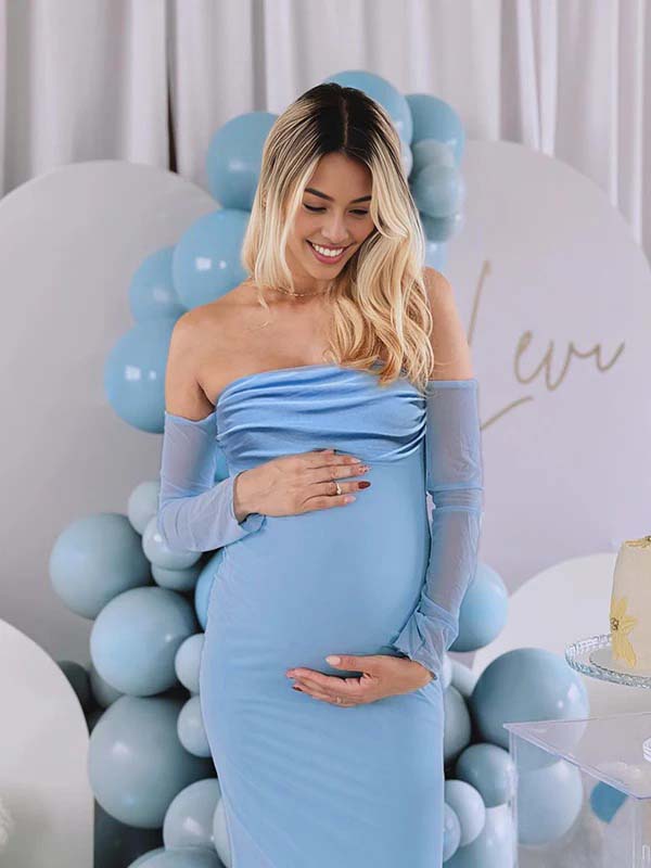 fotobeyou Blue Mesh Off Shoulder Ruched Elegant Maternity Baby Shower Maxi Dress