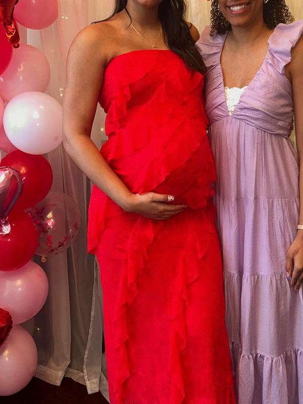Fotobeyou Red Ruffle Grenadine Side Slit Maternity Baby Shower Maxi Dress