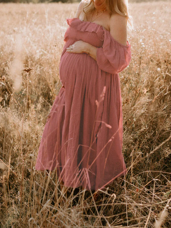 fotobeyou Pink Boho Flowy Bump Friendly Off Shoulder Photoshoots Maxi Dress