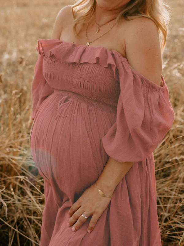 fotobeyou Pink Boho Flowy Bump Friendly Off Shoulder Photoshoots Maxi Dress
