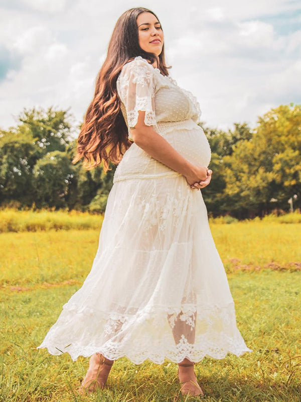 fotobeyou White Lace Ruffle Embroidery Boho Plus Photoshoot Maternity Maxi Dress