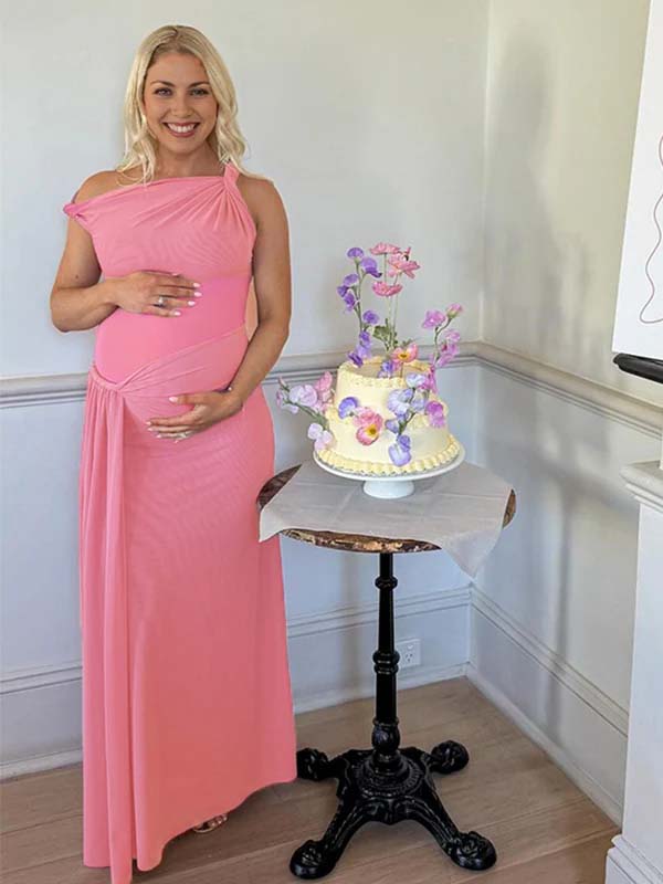 Pink One Shoulder Ruched Mesh ELegant Maternity Maxi Dress