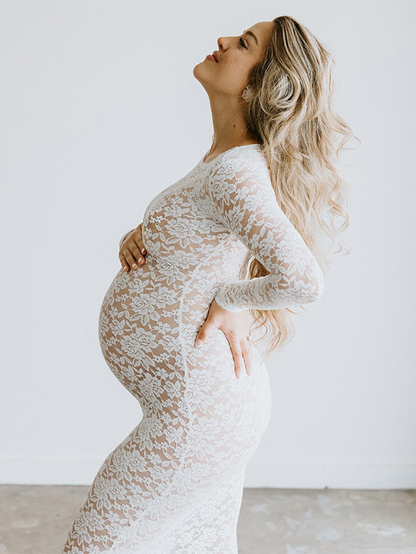 fotobeyou White Lace Sheer Bodycon Elegant Cocktail Party Maternity Baby Shower Maxi Dress
